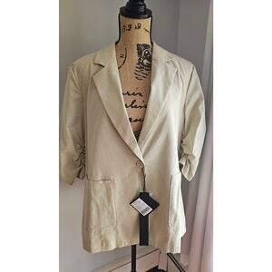 Mina Self Linen Blend Blazer Jacket, Ruched Sleeve, Spring Sz L, New NWT